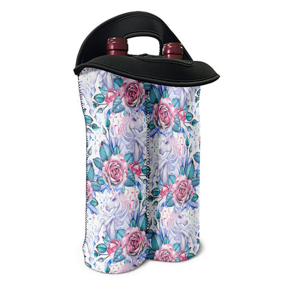 White Fairy Rose Unicorn Pattern Print Double Neoprene Wine Tote