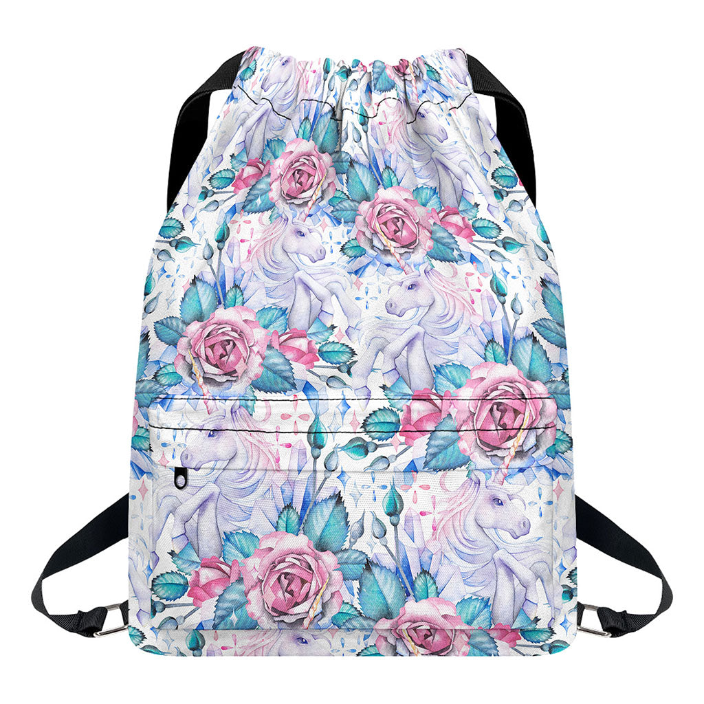 White Fairy Rose Unicorn Pattern Print Drawstring Backpack