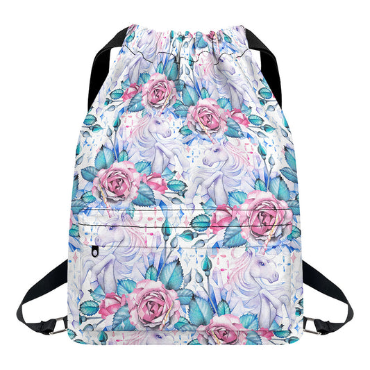 White Fairy Rose Unicorn Pattern Print Drawstring Backpack