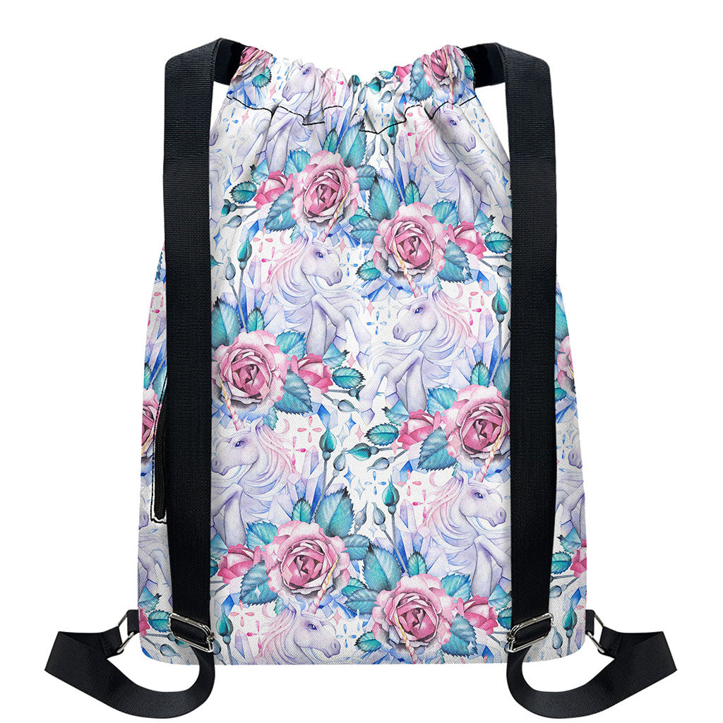 White Fairy Rose Unicorn Pattern Print Drawstring Backpack