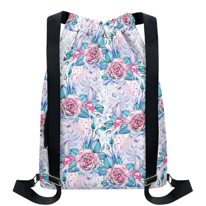 White Fairy Rose Unicorn Pattern Print Drawstring Backpack