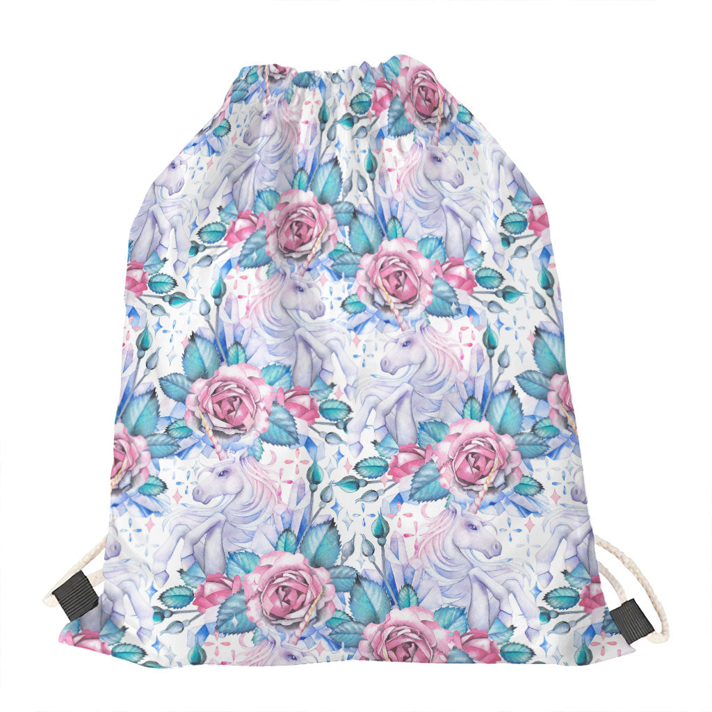 White Fairy Rose Unicorn Pattern Print Drawstring Bag