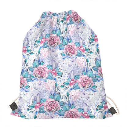 White Fairy Rose Unicorn Pattern Print Drawstring Bag