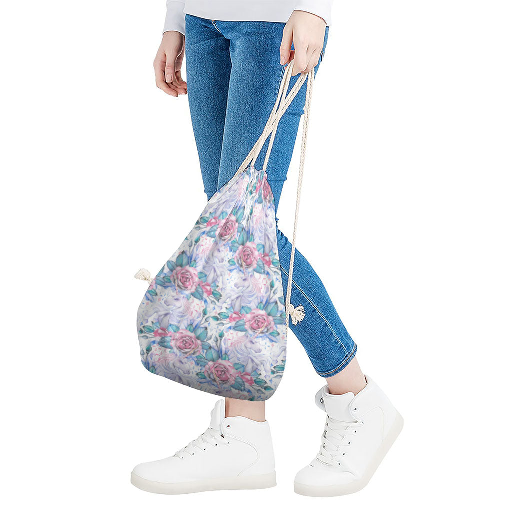 White Fairy Rose Unicorn Pattern Print Drawstring Bag