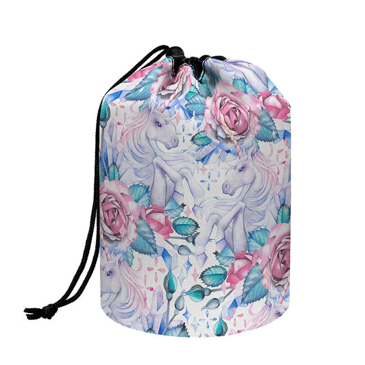 White Fairy Rose Unicorn Pattern Print Drawstring Makeup Bag