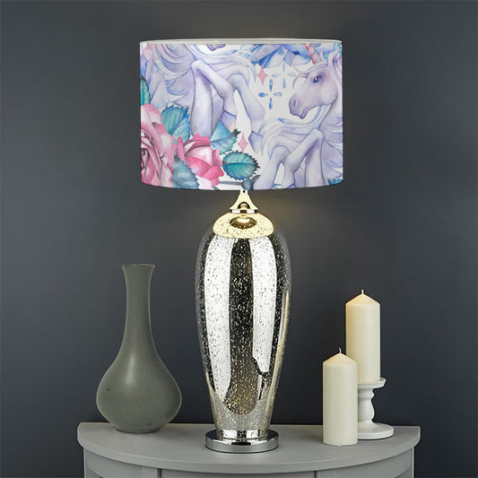 White Fairy Rose Unicorn Pattern Print Drum Lamp Shade
