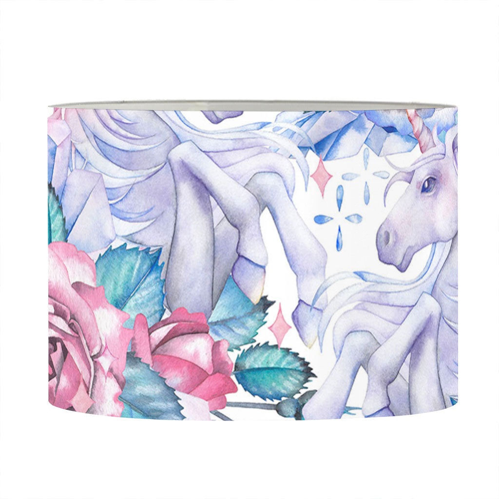 White Fairy Rose Unicorn Pattern Print Drum Lamp Shade