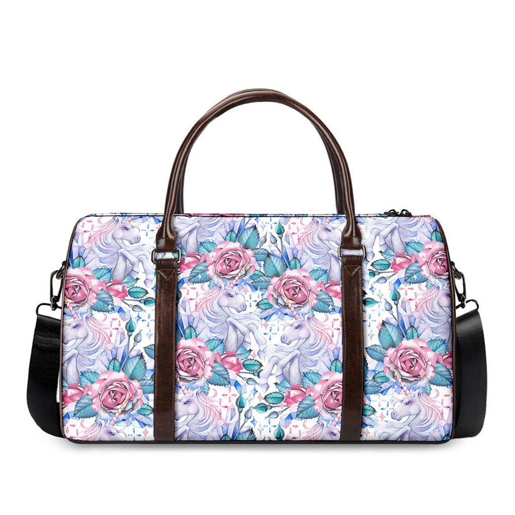White Fairy Rose Unicorn Pattern Print Duffle Bag