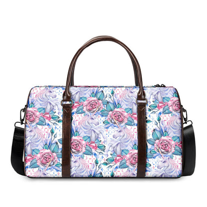 White Fairy Rose Unicorn Pattern Print Duffle Bag