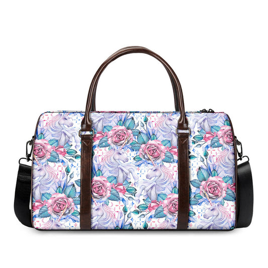 White Fairy Rose Unicorn Pattern Print Duffle Bag