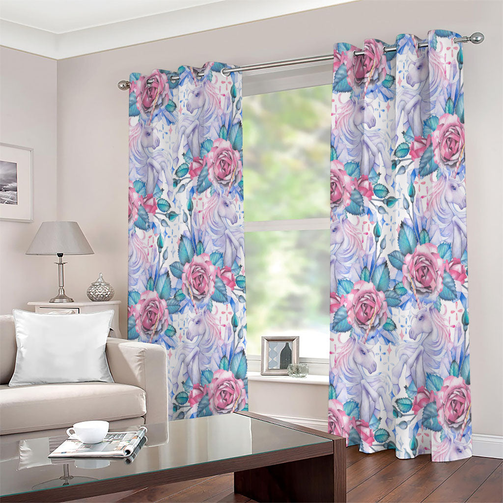 White Fairy Rose Unicorn Pattern Print Extra Wide Grommet Curtains