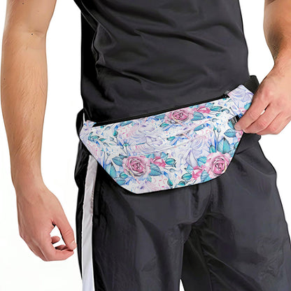 White Fairy Rose Unicorn Pattern Print Fanny Pack
