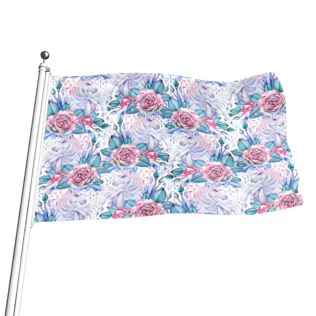 White Fairy Rose Unicorn Pattern Print Flag