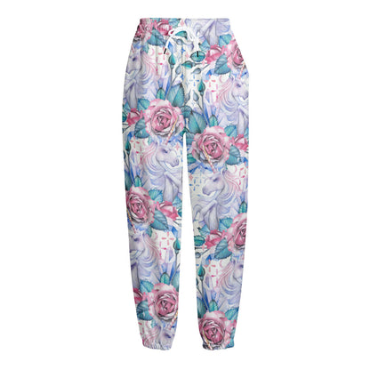White Fairy Rose Unicorn Pattern Print Fleece Lined Knit Pants