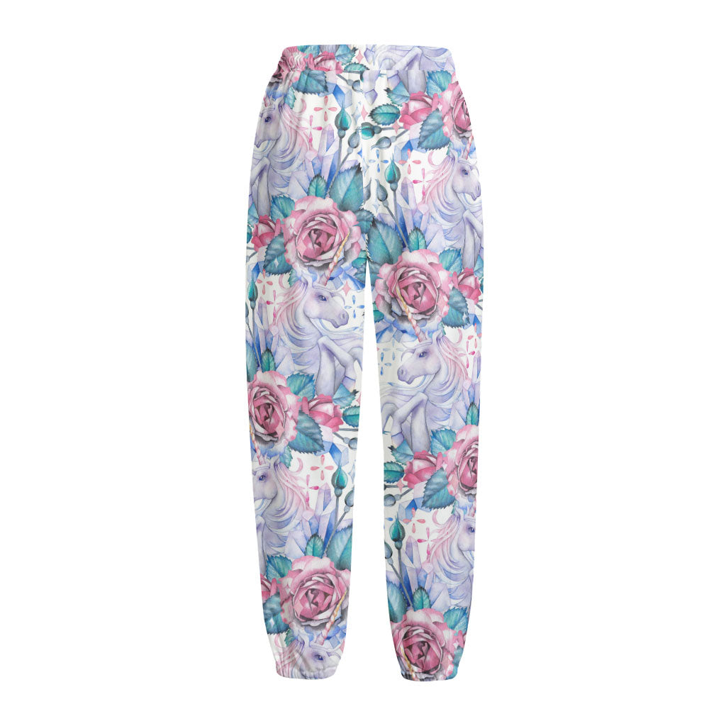 White Fairy Rose Unicorn Pattern Print Fleece Lined Knit Pants