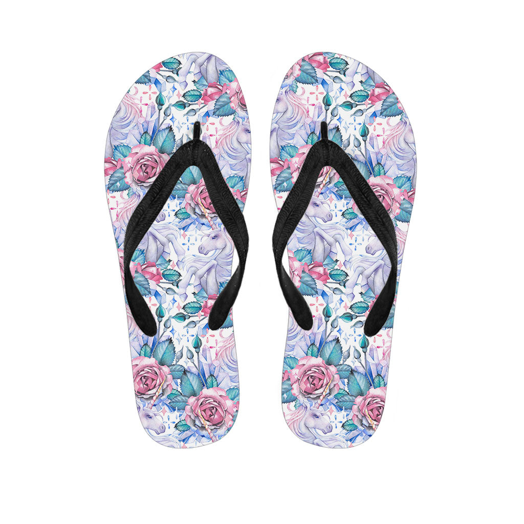 White Fairy Rose Unicorn Pattern Print Flip Flops