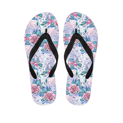 White Fairy Rose Unicorn Pattern Print Flip Flops