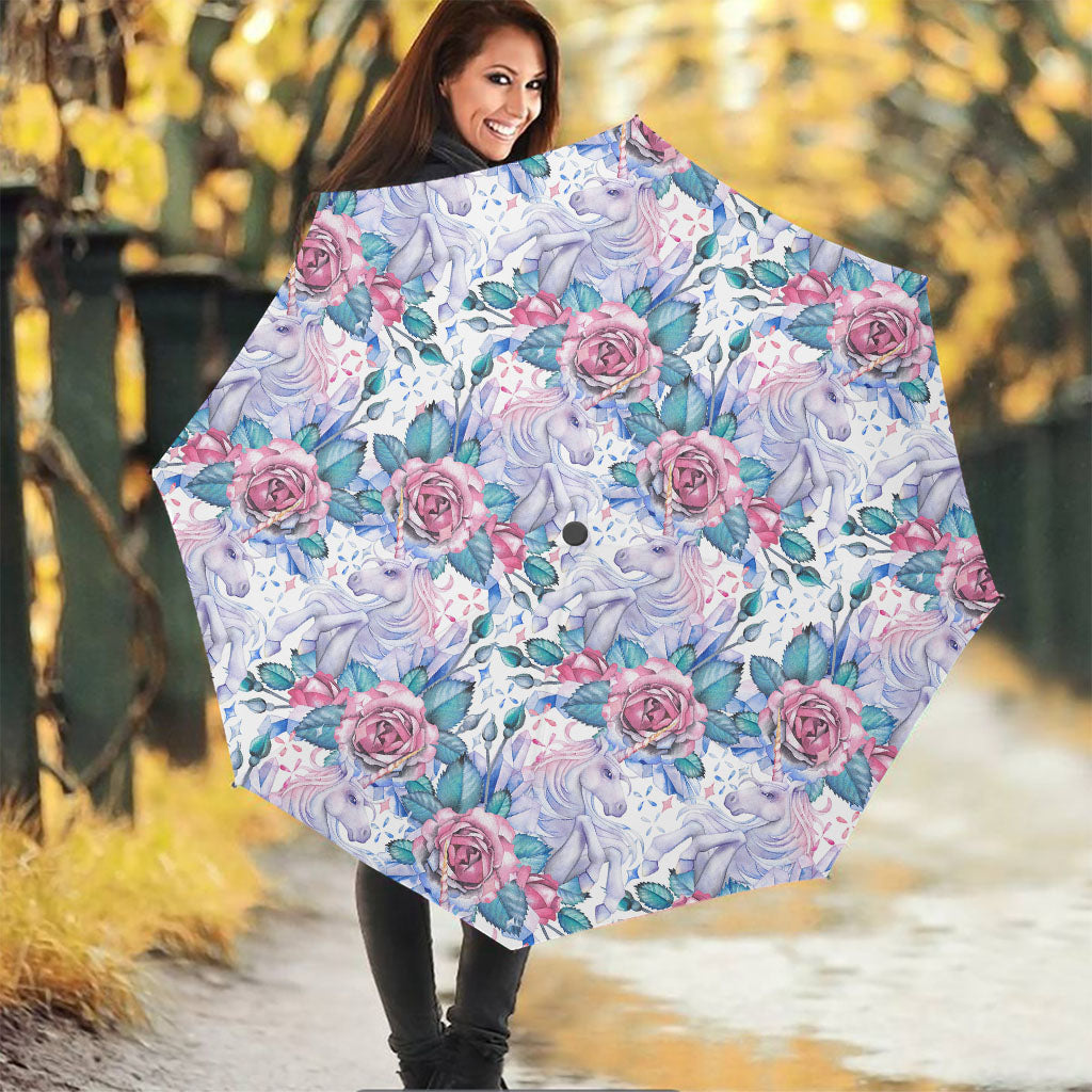 White Fairy Rose Unicorn Pattern Print Foldable Umbrella