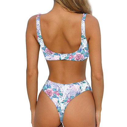 White Fairy Rose Unicorn Pattern Print Front Bow Tie Bikini