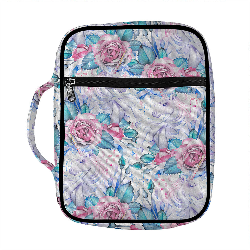 White Fairy Rose Unicorn Pattern Print Front Pocket Bible Bag