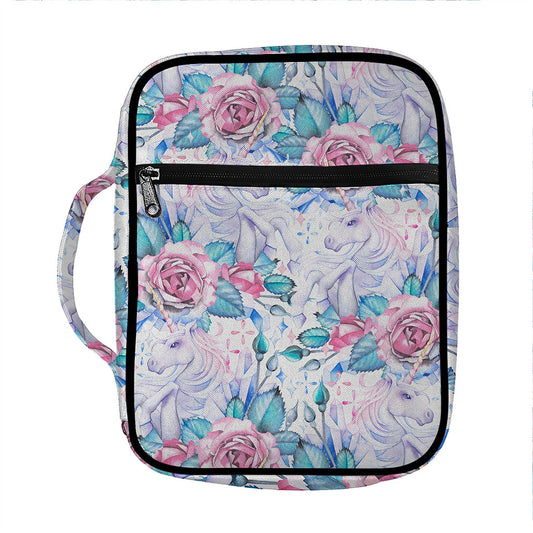 White Fairy Rose Unicorn Pattern Print Front Pocket Bible Bag