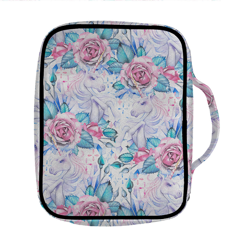 White Fairy Rose Unicorn Pattern Print Front Pocket Bible Bag