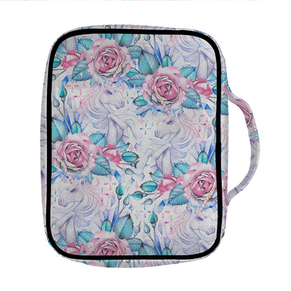 White Fairy Rose Unicorn Pattern Print Front Pocket Bible Bag