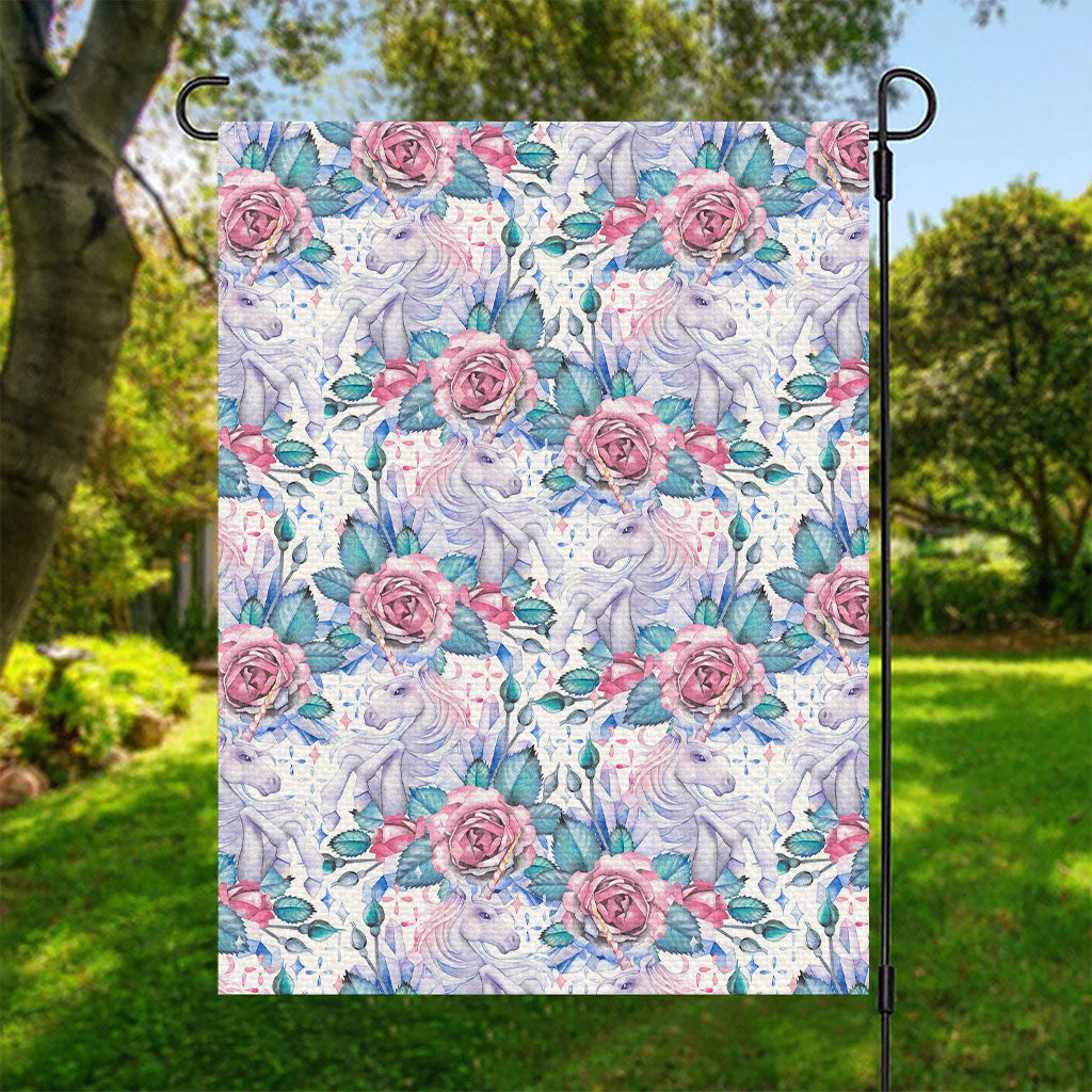 White Fairy Rose Unicorn Pattern Print Garden Flag