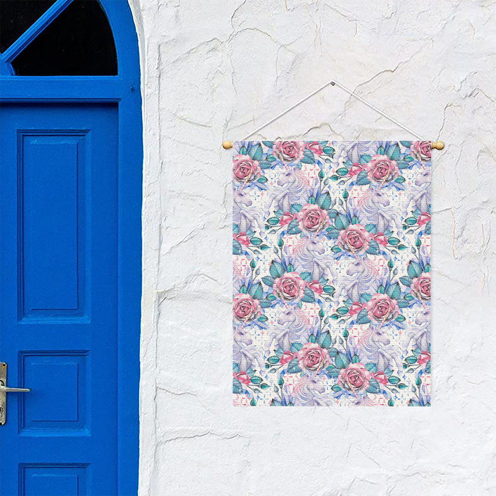 White Fairy Rose Unicorn Pattern Print Garden Flag