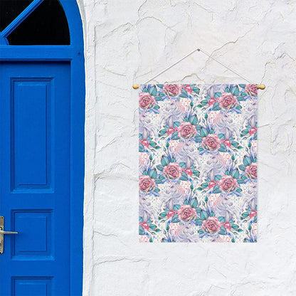 White Fairy Rose Unicorn Pattern Print Garden Flag
