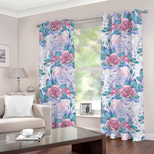 White Fairy Rose Unicorn Pattern Print Grommet Curtains