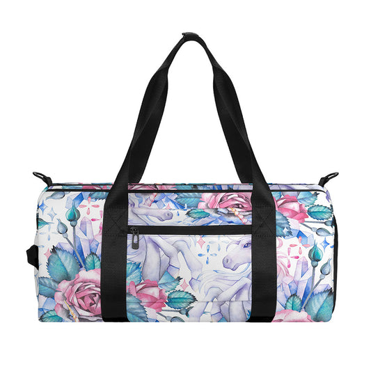 White Fairy Rose Unicorn Pattern Print Gym Bag