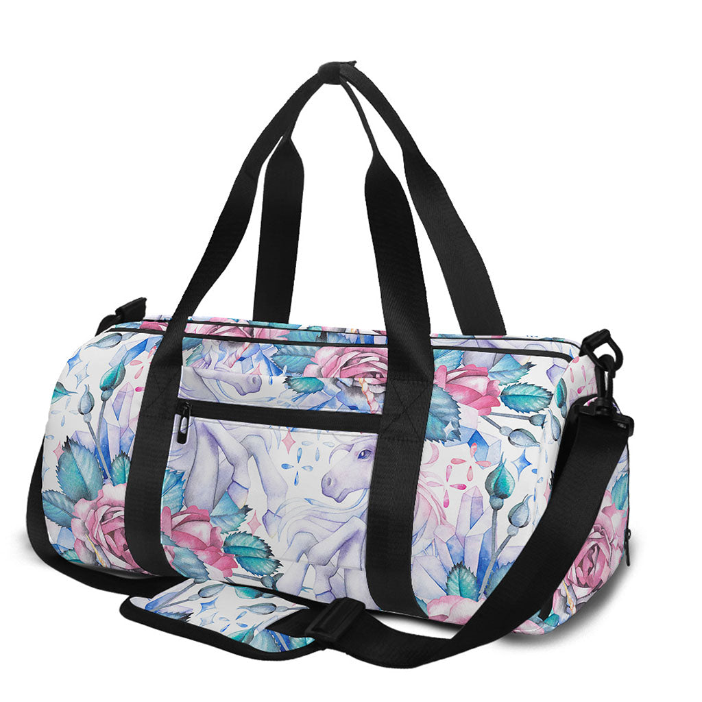 White Fairy Rose Unicorn Pattern Print Gym Bag