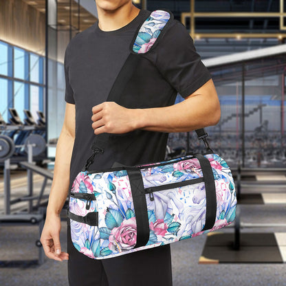 White Fairy Rose Unicorn Pattern Print Gym Bag