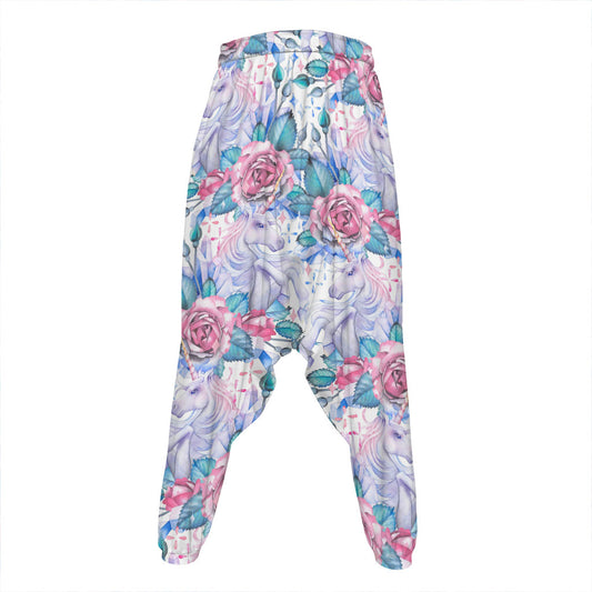 White Fairy Rose Unicorn Pattern Print Hammer Pants