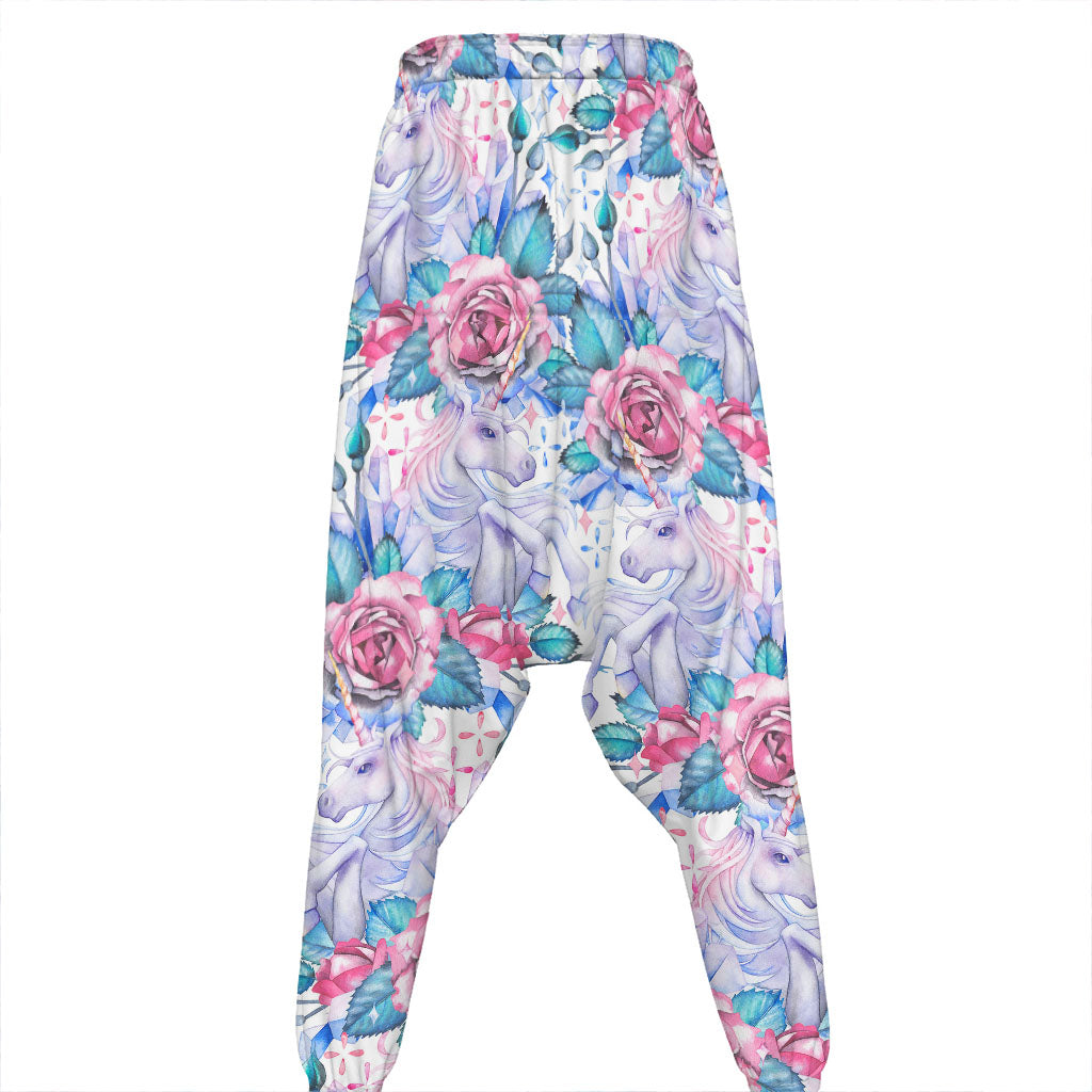 White Fairy Rose Unicorn Pattern Print Hammer Pants