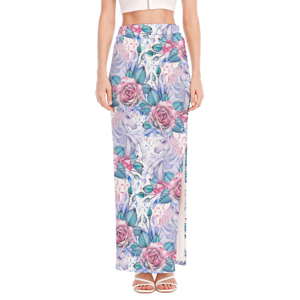 White Fairy Rose Unicorn Pattern Print High Slit Maxi Skirt