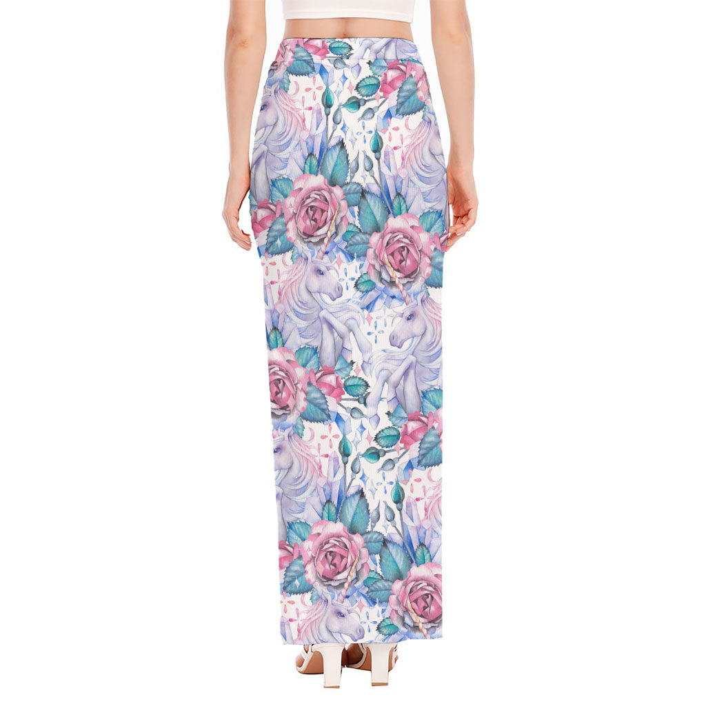 White Fairy Rose Unicorn Pattern Print High Slit Maxi Skirt