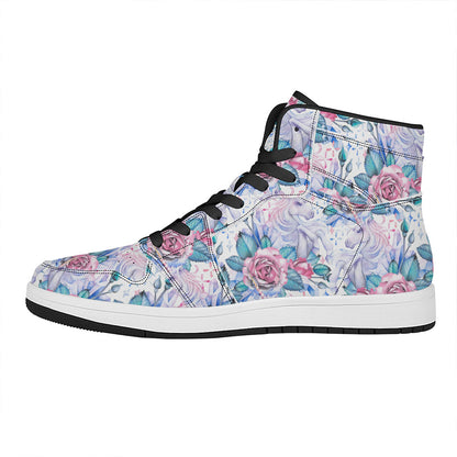 White Fairy Rose Unicorn Pattern Print High Top Leather Sneakers