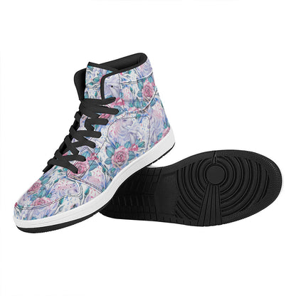 White Fairy Rose Unicorn Pattern Print High Top Leather Sneakers