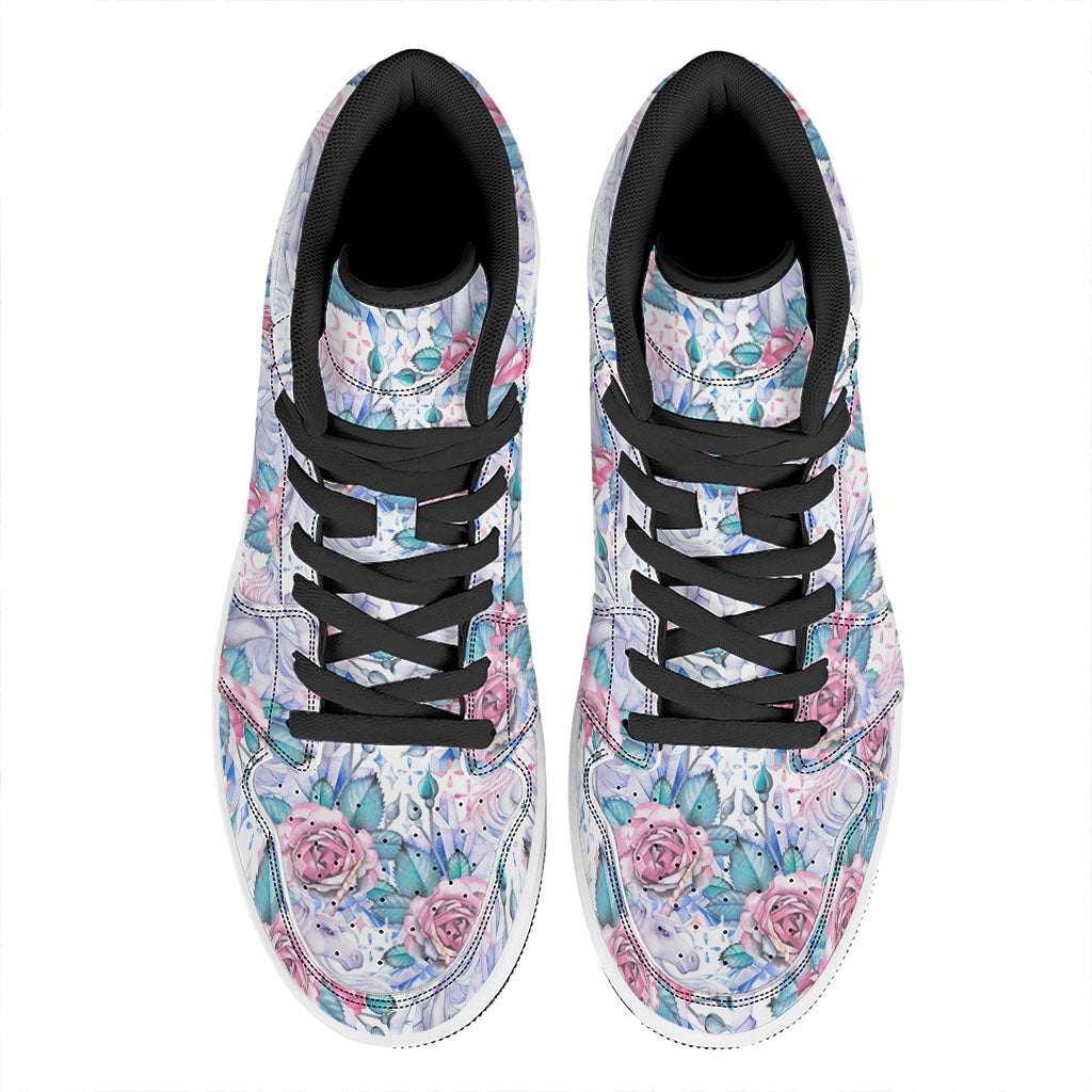 White Fairy Rose Unicorn Pattern Print High Top Leather Sneakers