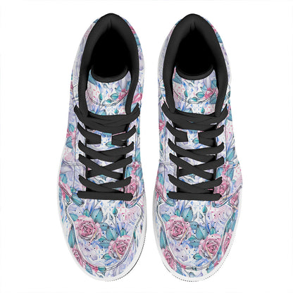 White Fairy Rose Unicorn Pattern Print High Top Leather Sneakers