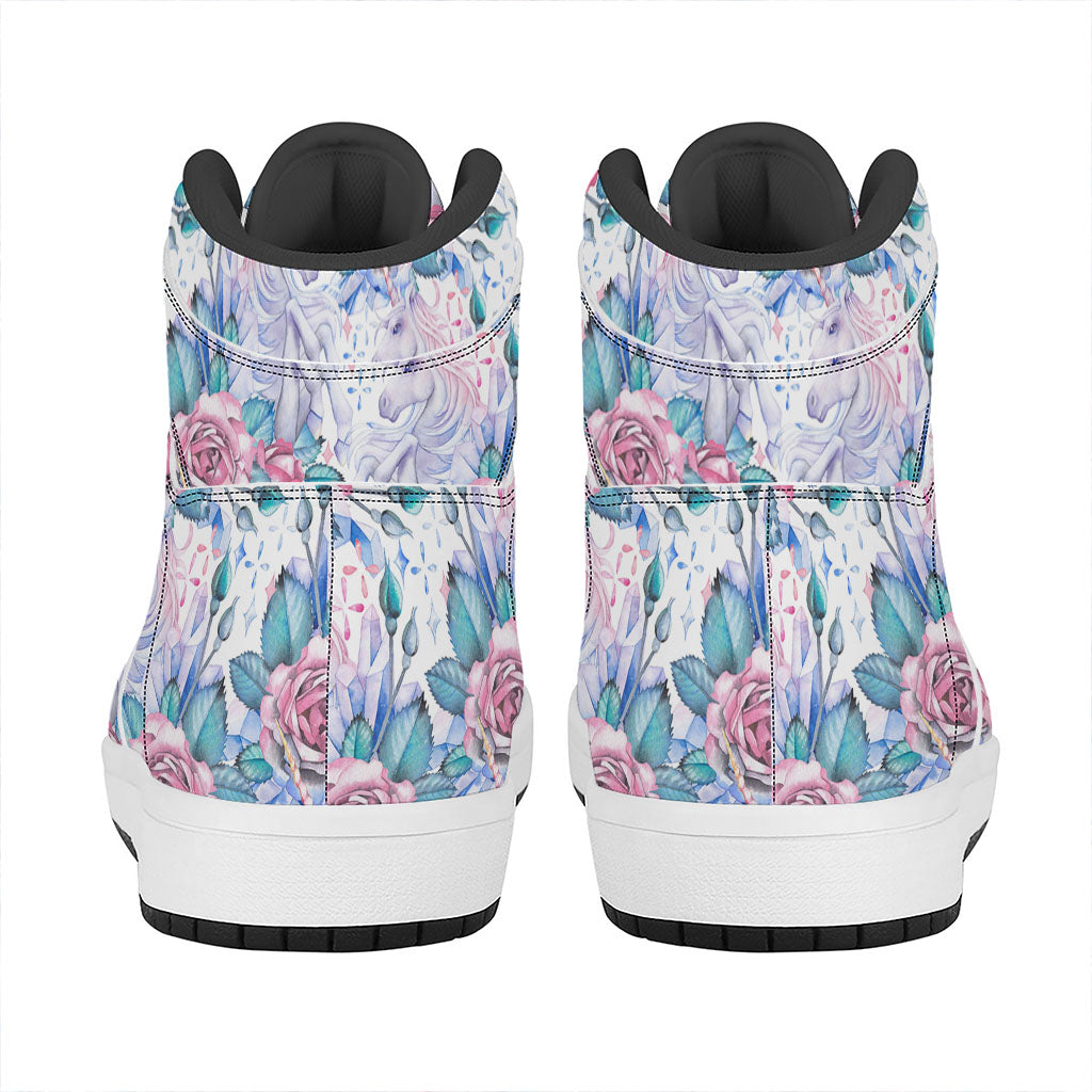 White Fairy Rose Unicorn Pattern Print High Top Leather Sneakers