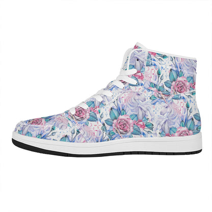 White Fairy Rose Unicorn Pattern Print High Top Leather Sneakers