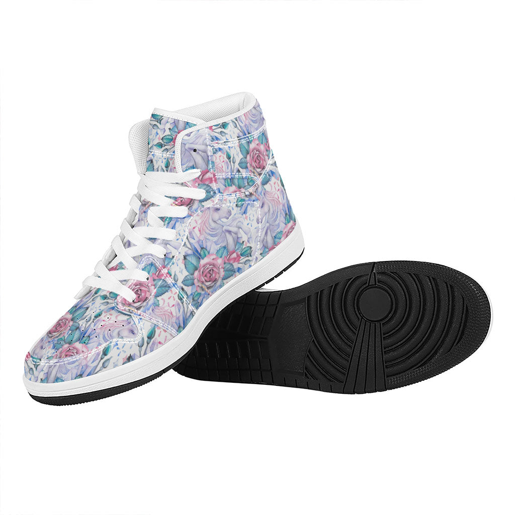 White Fairy Rose Unicorn Pattern Print High Top Leather Sneakers