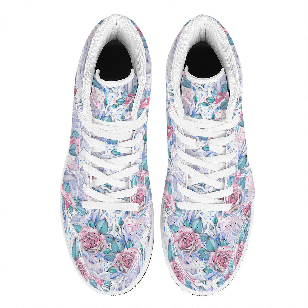 White Fairy Rose Unicorn Pattern Print High Top Leather Sneakers