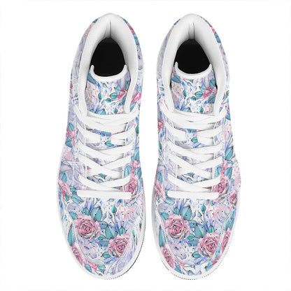 White Fairy Rose Unicorn Pattern Print High Top Leather Sneakers