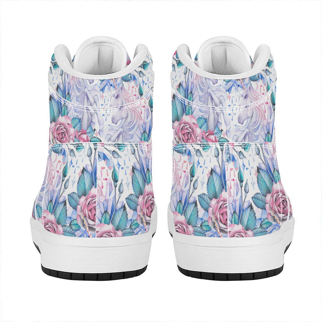 White Fairy Rose Unicorn Pattern Print High Top Leather Sneakers