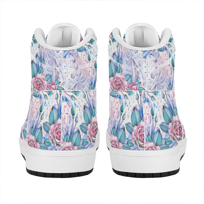 White Fairy Rose Unicorn Pattern Print High Top Leather Sneakers