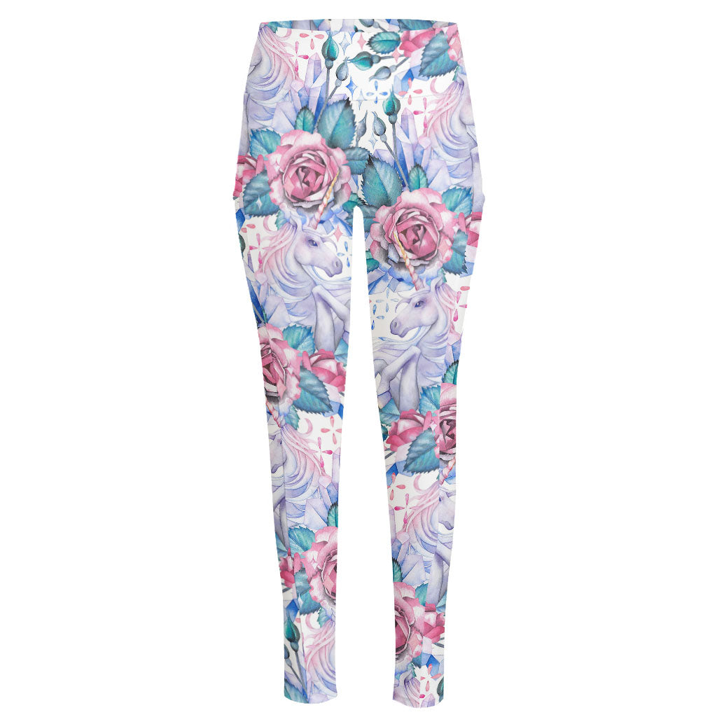 White Fairy Rose Unicorn Pattern Print High-Waisted Pocket Leggings